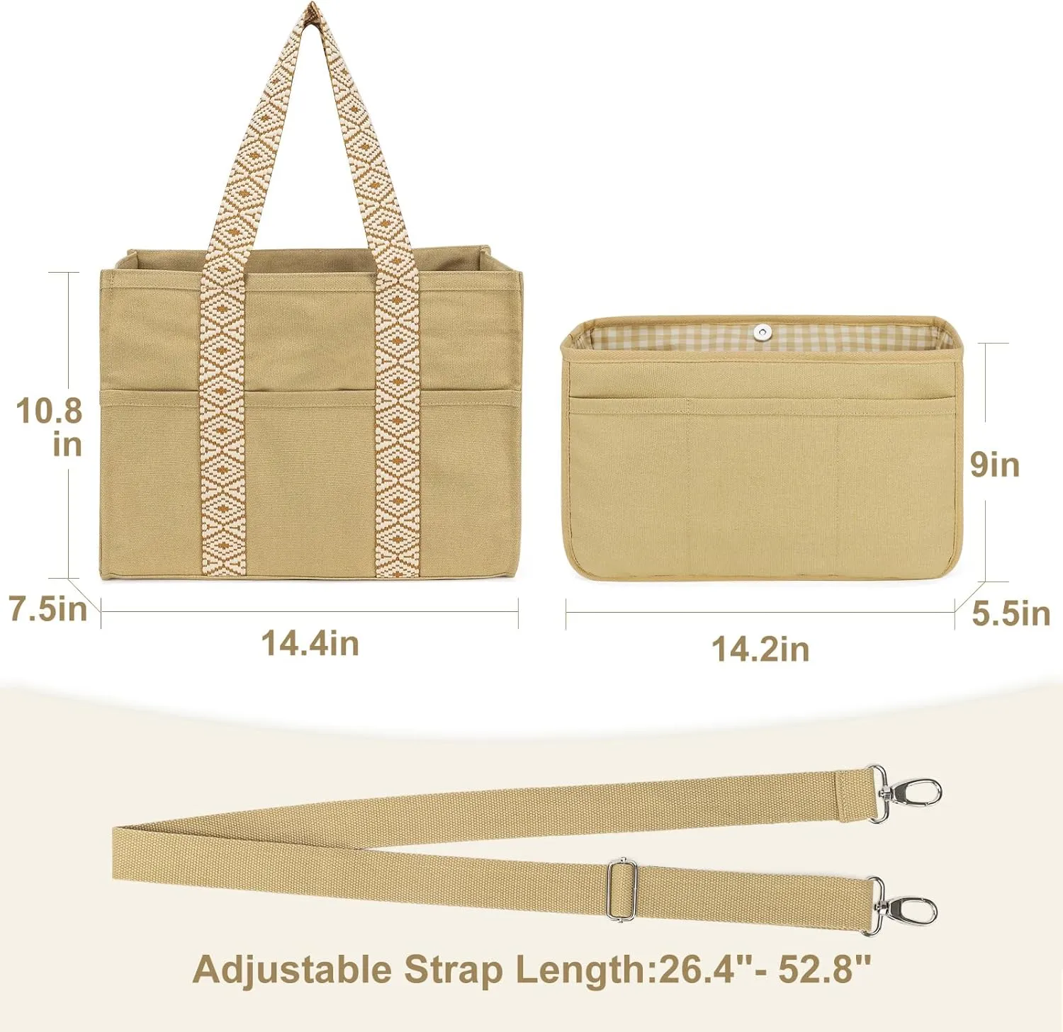 Canvas Tote Bag Set with Purse Bag Organizer Insert, Travel Tote Handbag Shoulder Bag with Zipper Crossbody Purse for Women