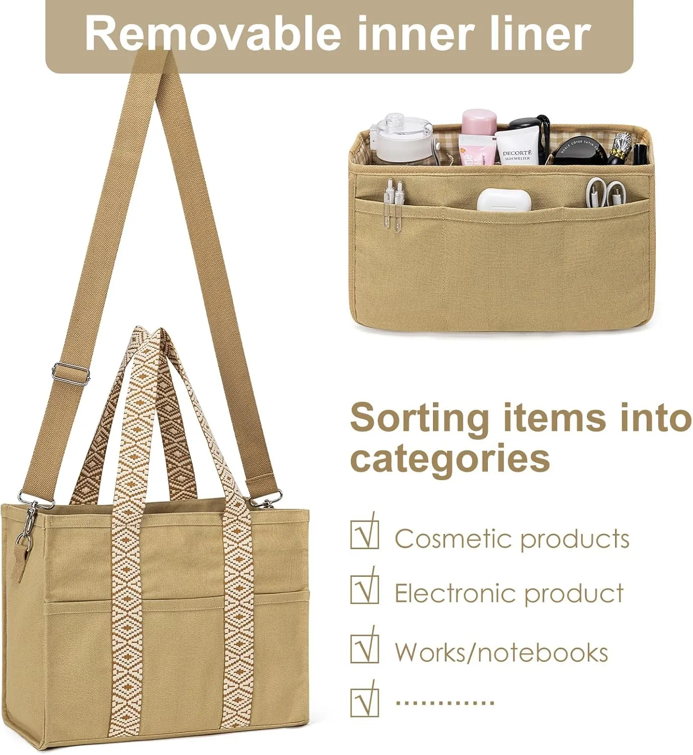 Canvas Tote Bag Set with Purse Bag Organizer Insert, Travel Tote Handbag Shoulder Bag with Zipper Crossbody Purse for Women