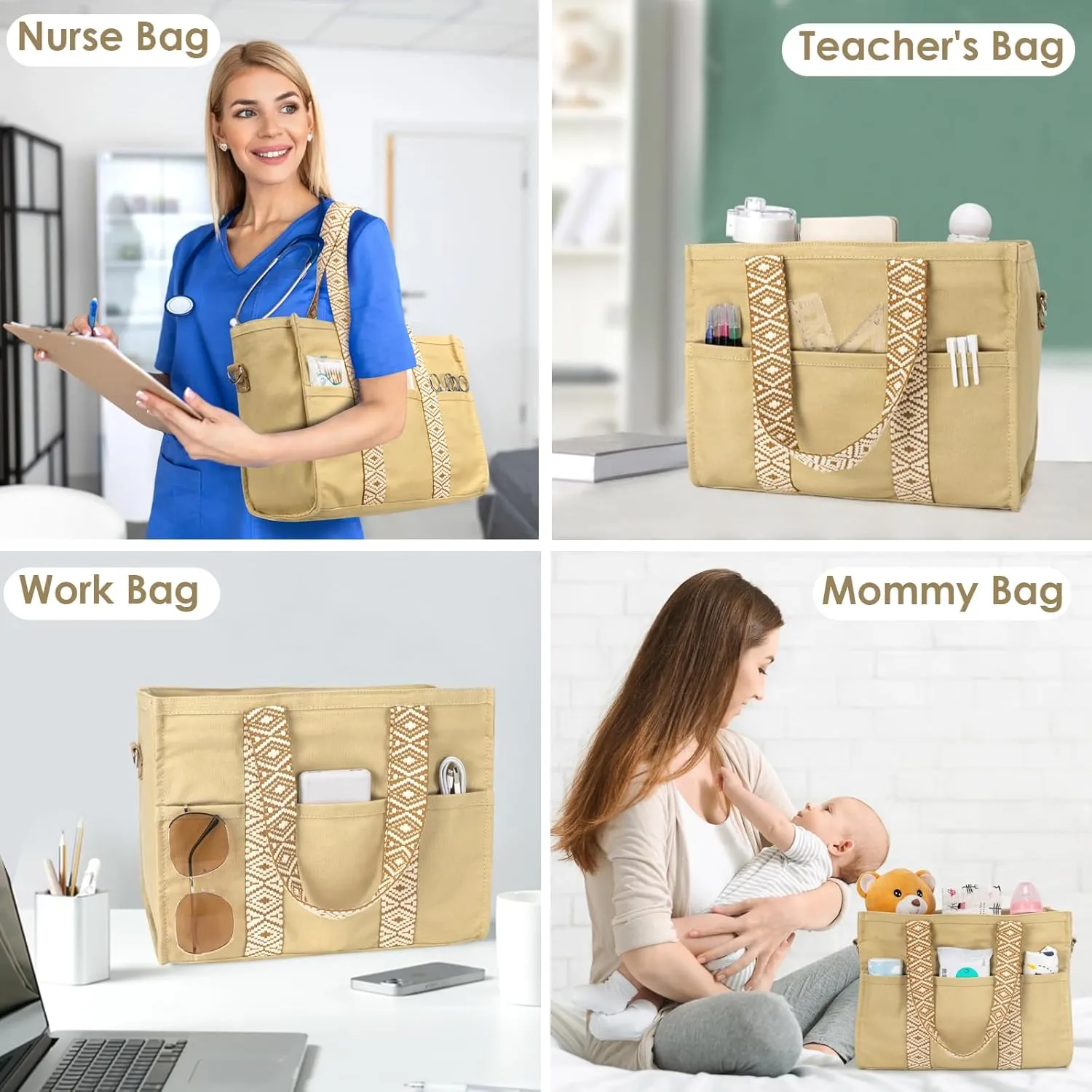 Canvas Tote Bag Set with Purse Bag Organizer Insert, Travel Tote Handbag Shoulder Bag with Zipper Crossbody Purse for Women