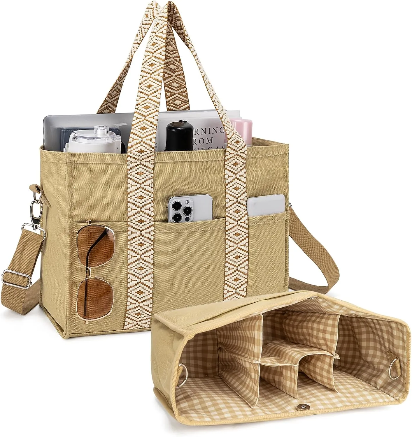 Canvas Tote Bag Set with Purse Bag Organizer Insert, Travel Tote Handbag Shoulder Bag with Zipper Crossbody Purse for Women