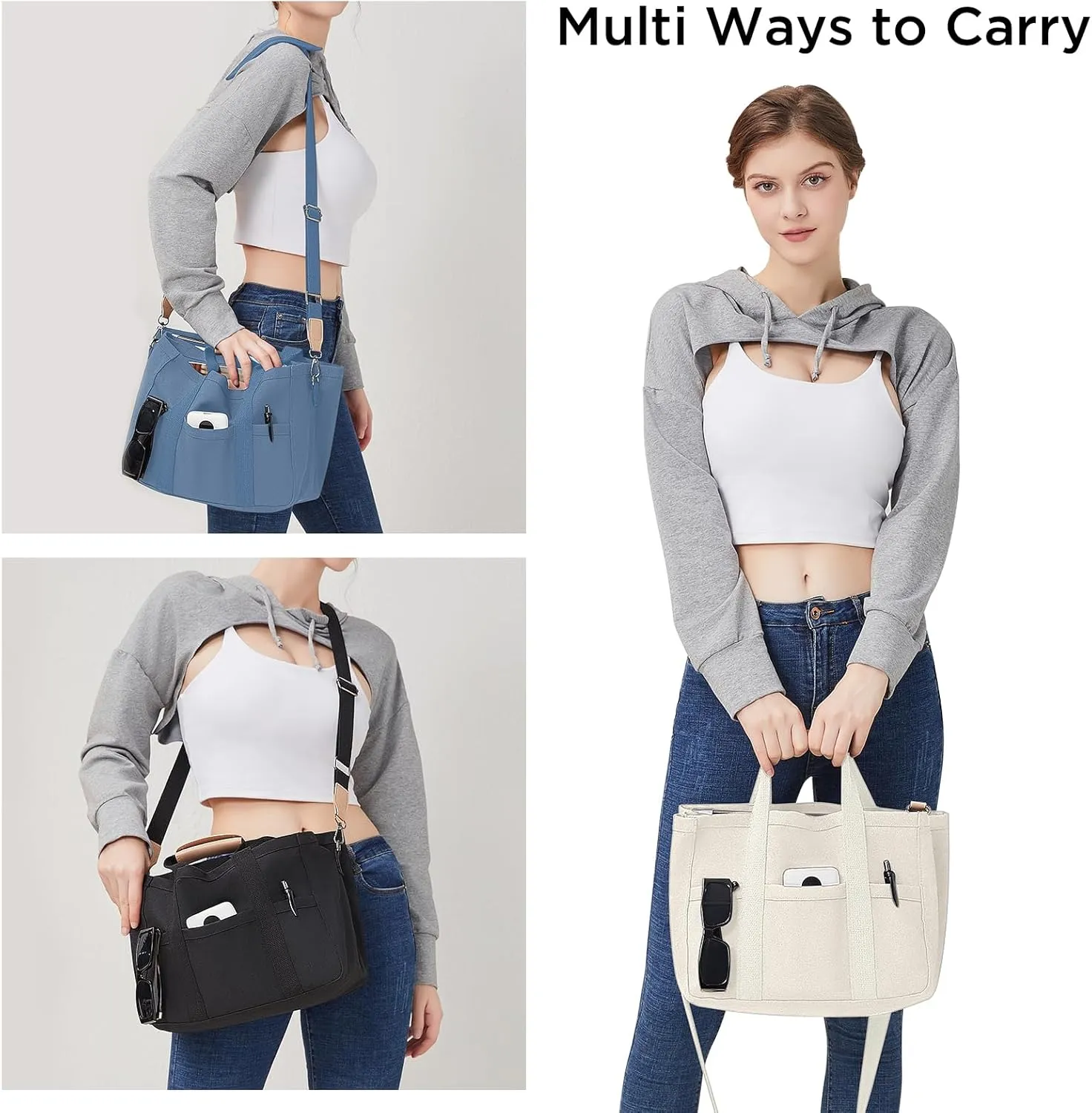 Canvas Tote Bag with Multi Pockets Crossbody Tote Bag for Women Bible Handbag Everything Tote Bags with Compartments