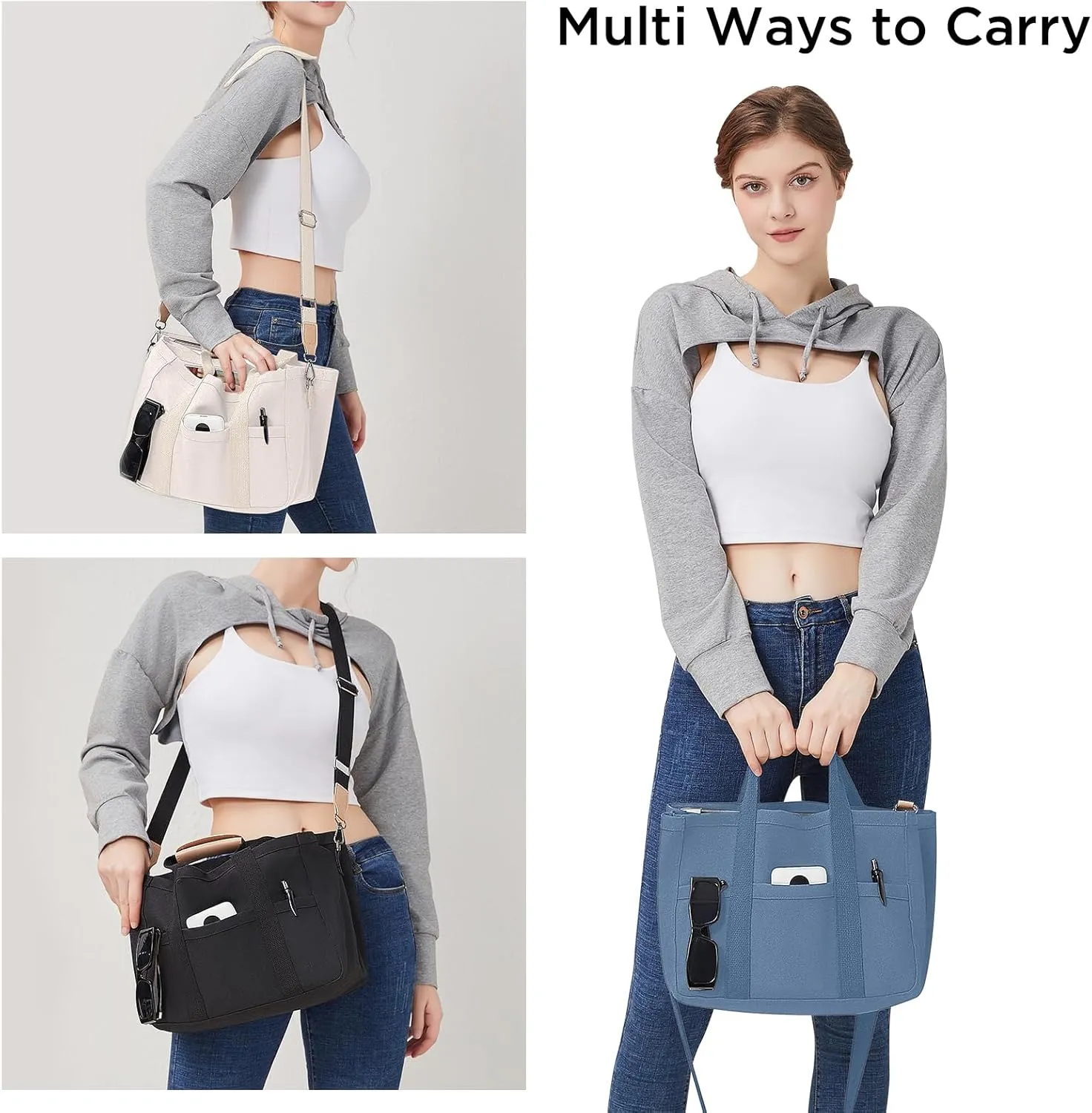 Canvas Tote Bag with Multi Pockets Crossbody Tote Bag for Women Bible Handbag Everything Tote Bags with Compartments