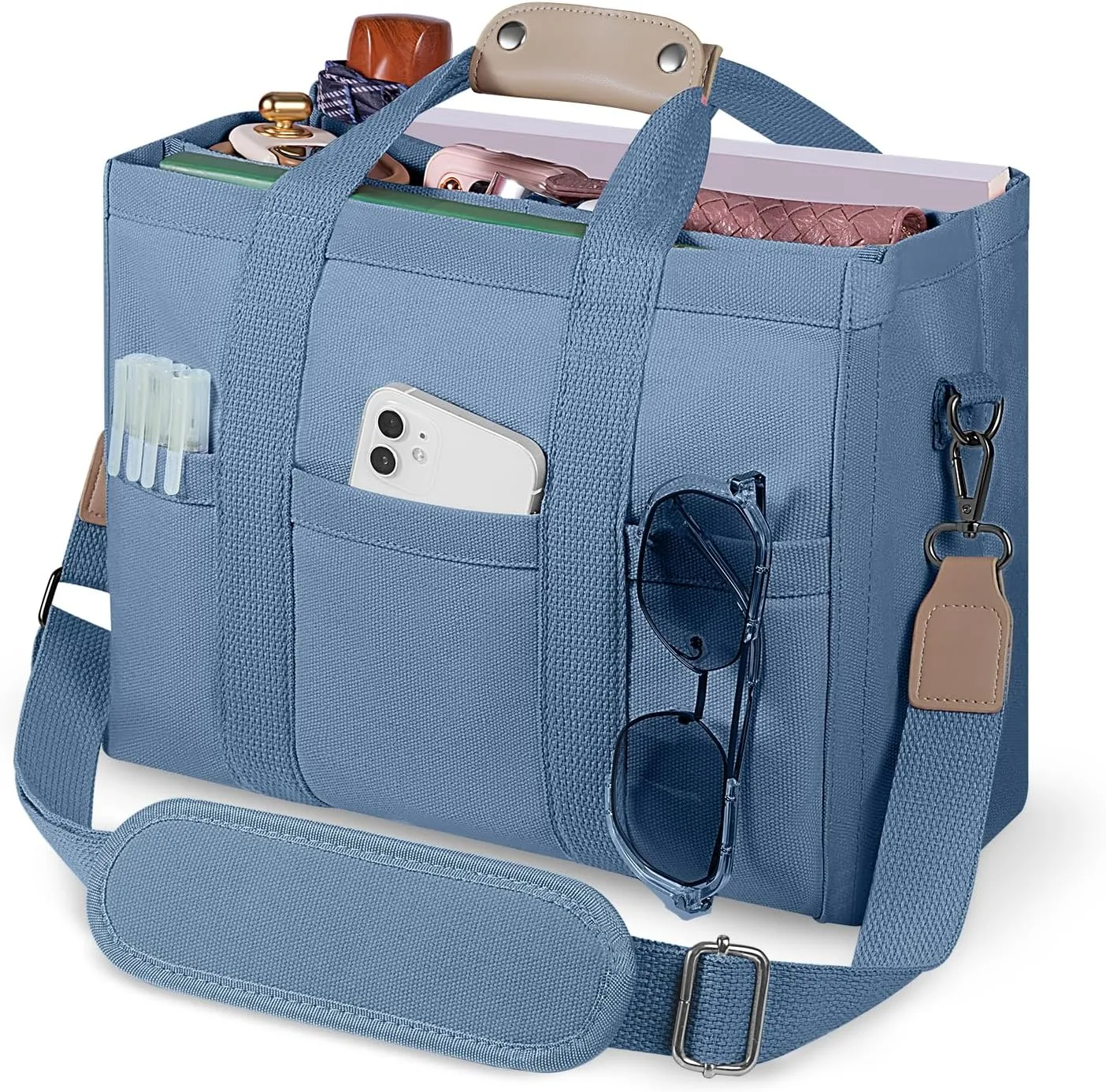 Canvas Tote Bag with Multi Pockets Crossbody Tote Bag for Women Bible Handbag Everything Tote Bags with Compartments
