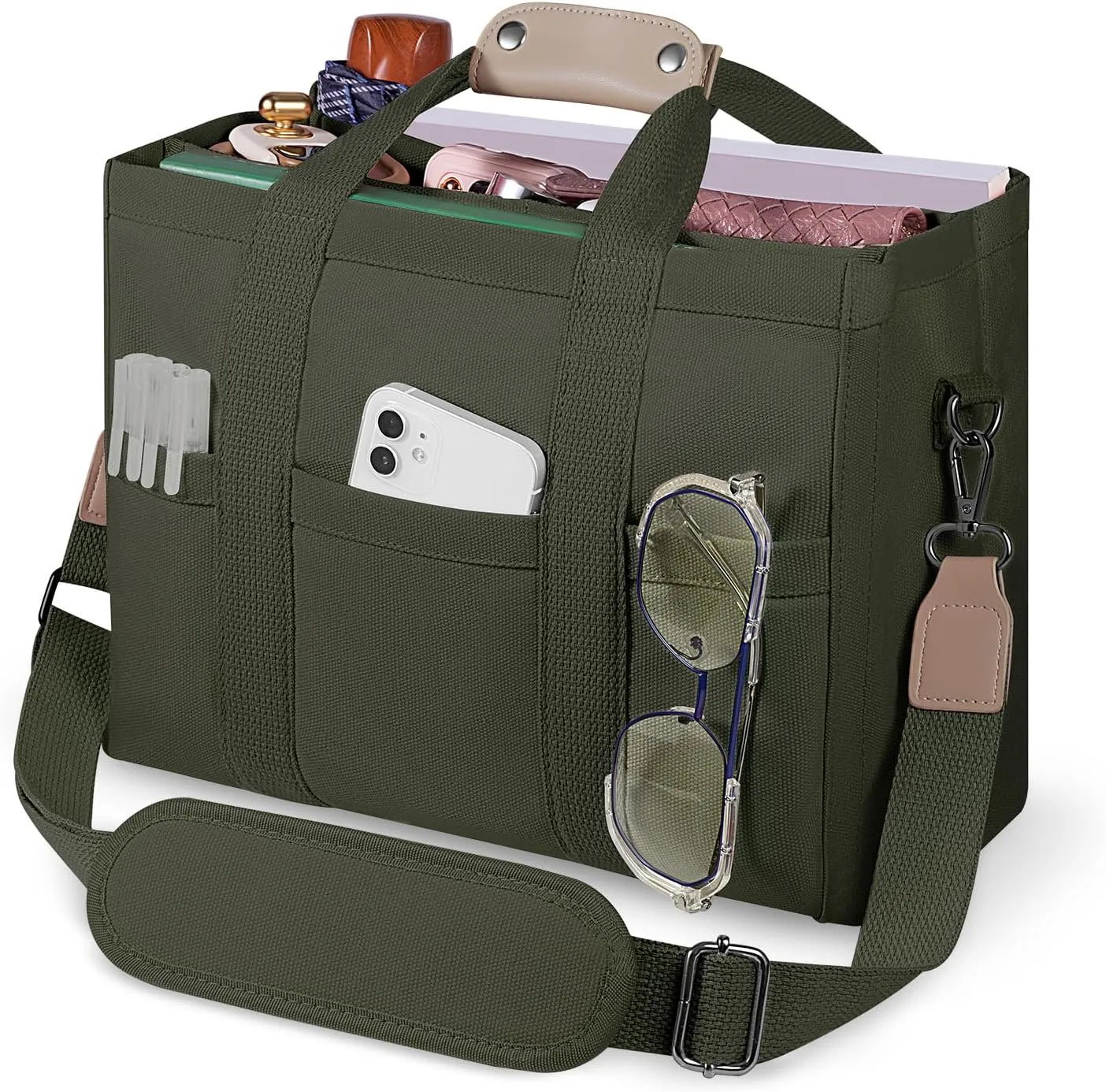 Canvas Tote Bag with Multi Pockets Crossbody Tote Bag for Women Bible Handbag Everything Tote Bags with Compartments