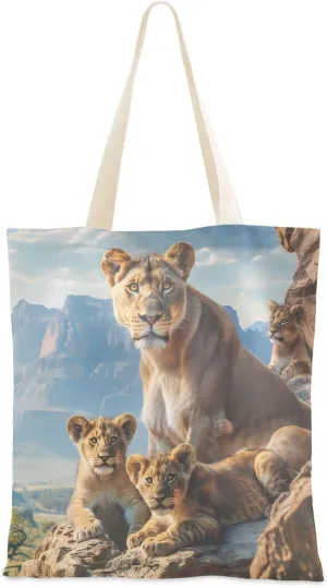 Canvas Tote Bags Lion Family in Natural Habitat Multi-Purpose Reusable Canvas Bags Use for Grocery Bags,Shopping Bags,Gift Bags