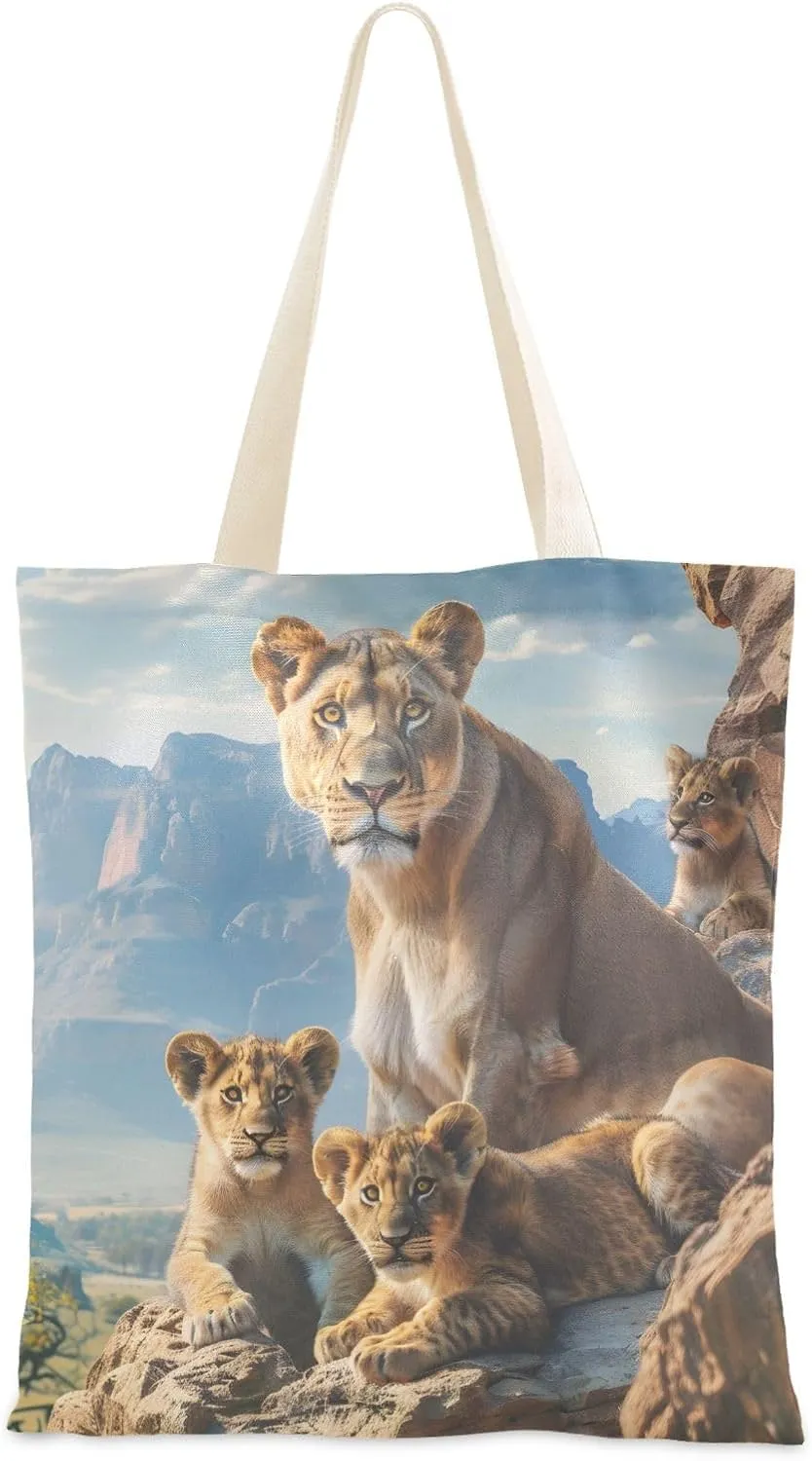 Canvas Tote Bags Lion Family in Natural Habitat Multi-Purpose Reusable Canvas Bags Use for Grocery Bags,Shopping Bags,Gift Bags
