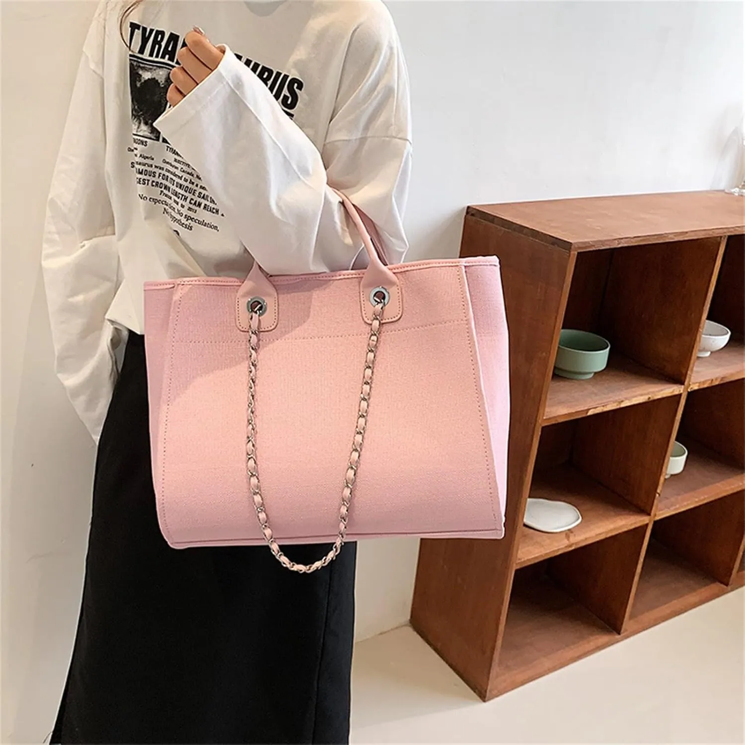 Canvas Tote Handbags for Women Women's Bag Shoulder Handbag Canvas Chain Tote Bag Travel Work School