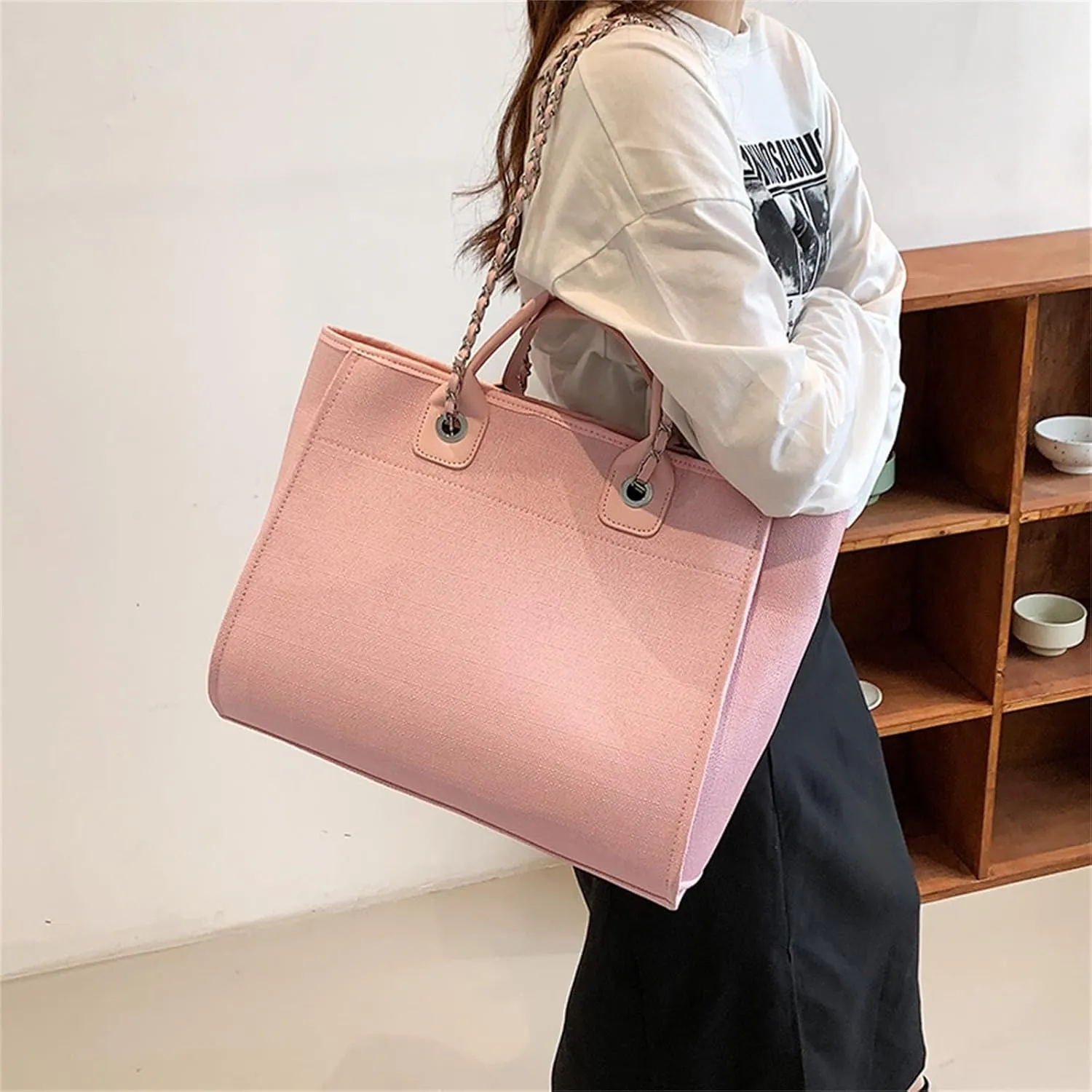 Canvas Tote Handbags for Women Women's Bag Shoulder Handbag Canvas Chain Tote Bag Travel Work School
