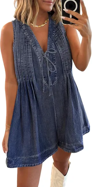 Caracilia Women Oversized Denim Romper Summer Casual V Neck Tie Front Sleeveless Jean Jumpsuits Short Overalls with Pockets