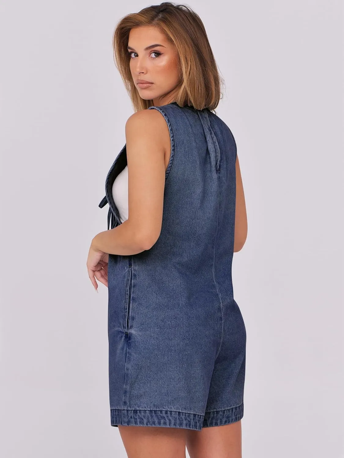 Caracilia Women Oversized Denim Romper Summer Casual V Neck Tie Front Sleeveless Jean Jumpsuits Short Overalls with Pockets