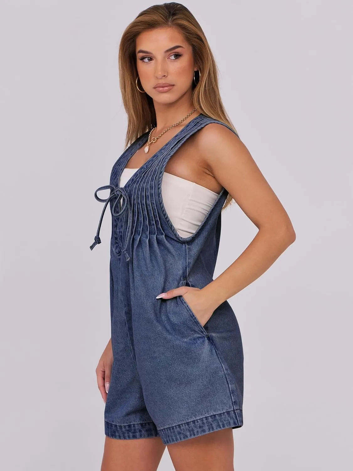 Caracilia Women Oversized Denim Romper Summer Casual V Neck Tie Front Sleeveless Jean Jumpsuits Short Overalls with Pockets