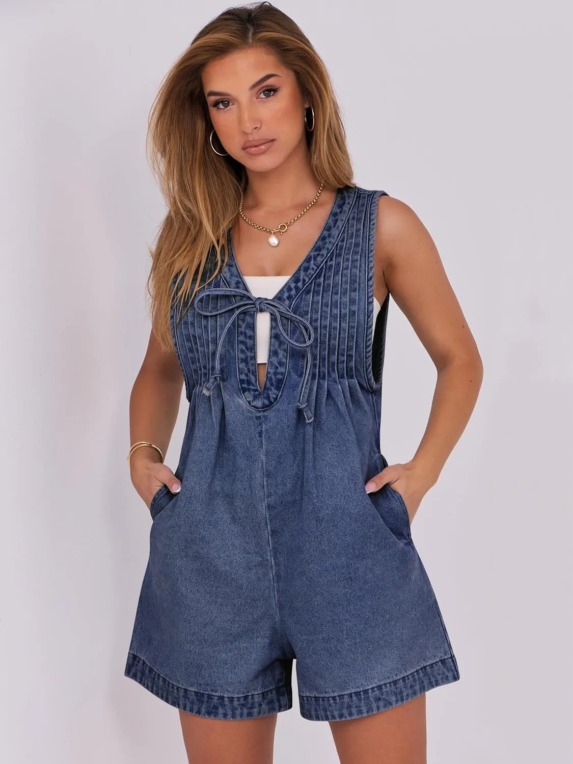 Caracilia Women Oversized Denim Romper Summer Casual V Neck Tie Front Sleeveless Jean Jumpsuits Short Overalls with Pockets