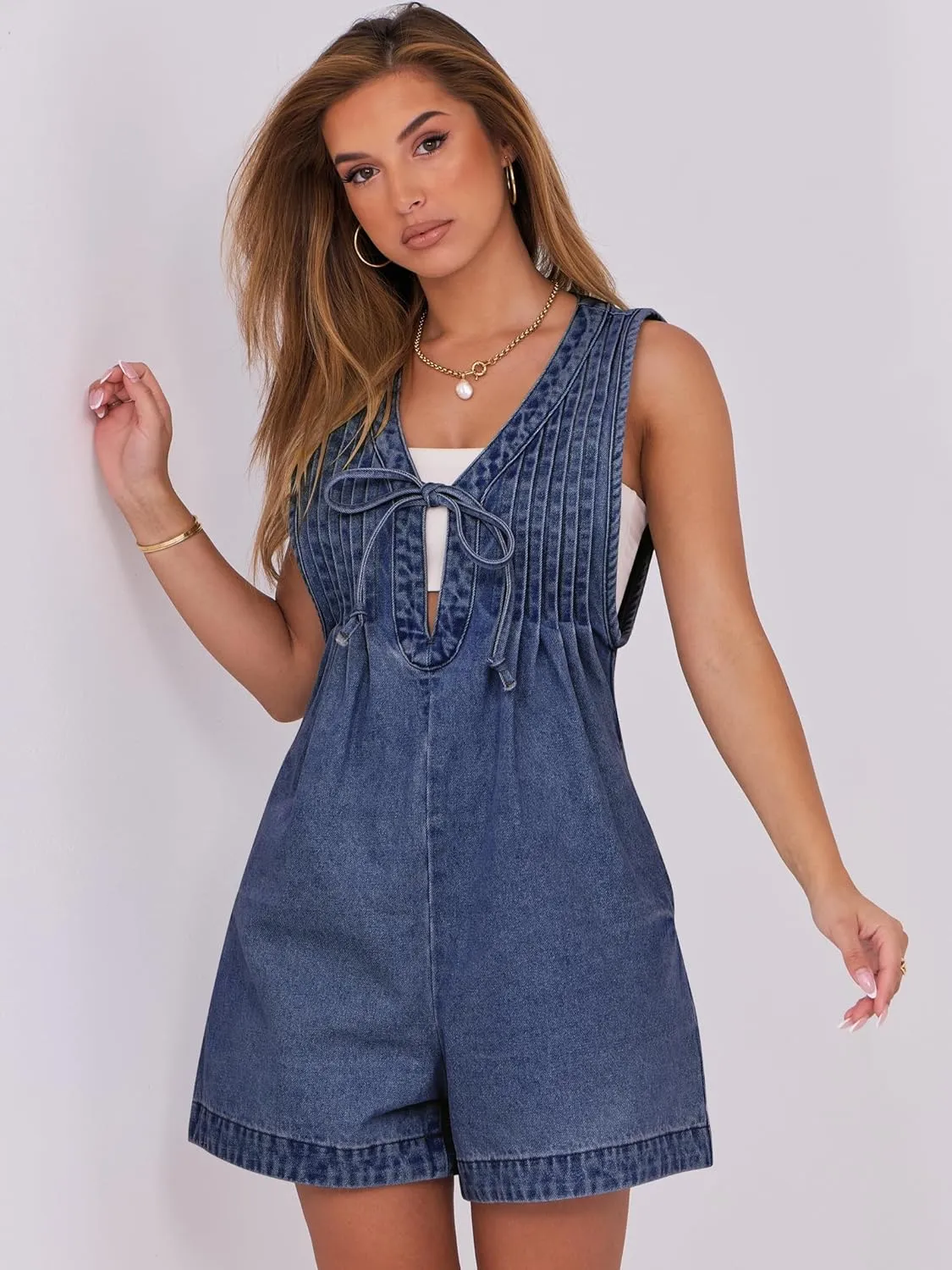 Caracilia Women Oversized Denim Romper Summer Casual V Neck Tie Front Sleeveless Jean Jumpsuits Short Overalls with Pockets