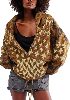 Cardigan Sweaters for Women Button Down Shawl Collar Oversized Sweater Coats Y2k Print Cardigans Fall Fashion