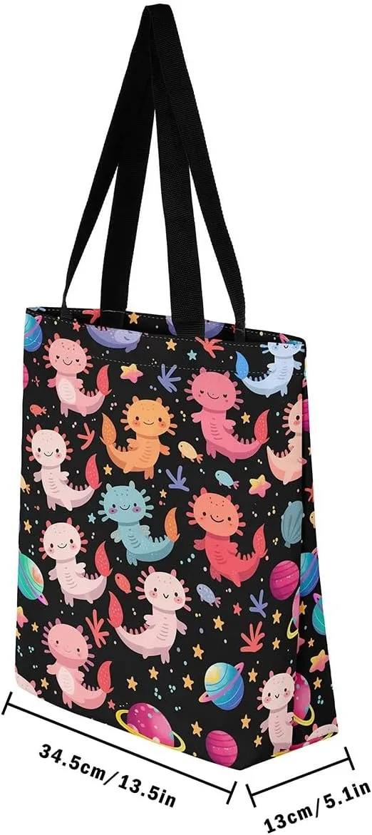 Cartoon Axolotl Canvas Tote Bag,Nautical Sea Animal Casual Reusable Handbag Ocean Fish Sandproof Beach Bag