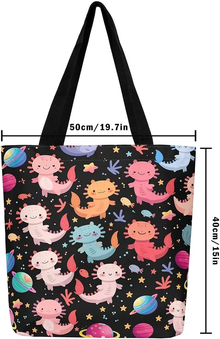 Cartoon Axolotl Canvas Tote Bag,Nautical Sea Animal Casual Reusable Handbag Ocean Fish Sandproof Beach Bag