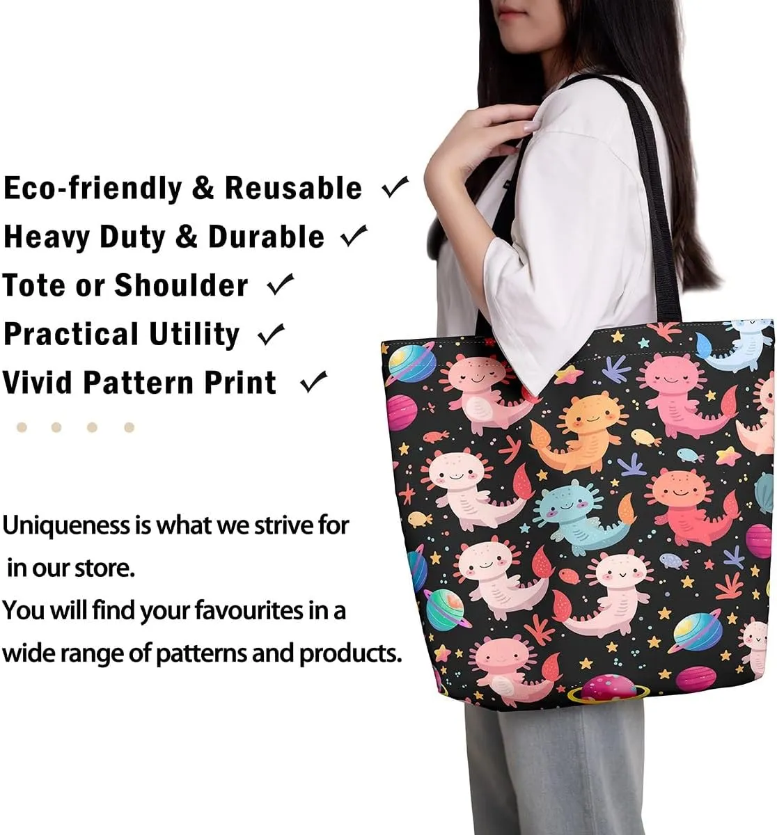Cartoon Axolotl Canvas Tote Bag,Nautical Sea Animal Casual Reusable Handbag Ocean Fish Sandproof Beach Bag