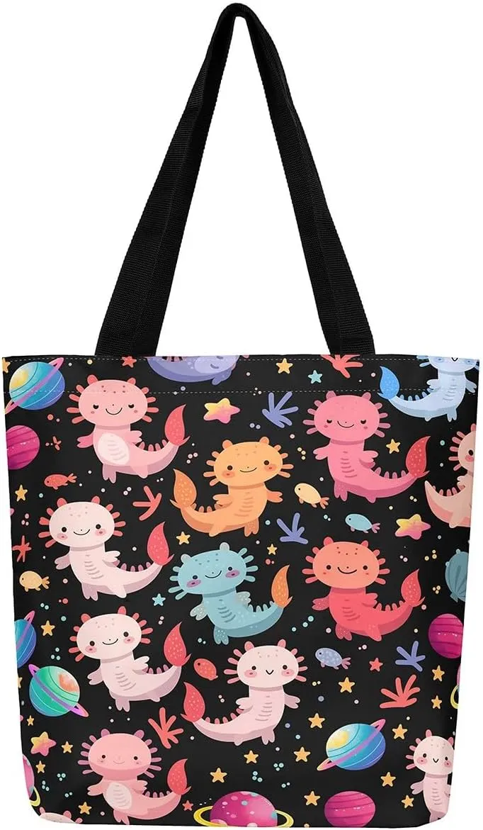 Cartoon Axolotl Canvas Tote Bag,Nautical Sea Animal Casual Reusable Handbag Ocean Fish Sandproof Beach Bag