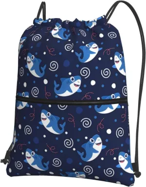 Cartoon cute shark (2) Drawstring Backpack Unisex Gym Bags Sport String Bag for Hiking Yoga Travel Swimming Beach 15 X 18 Inch