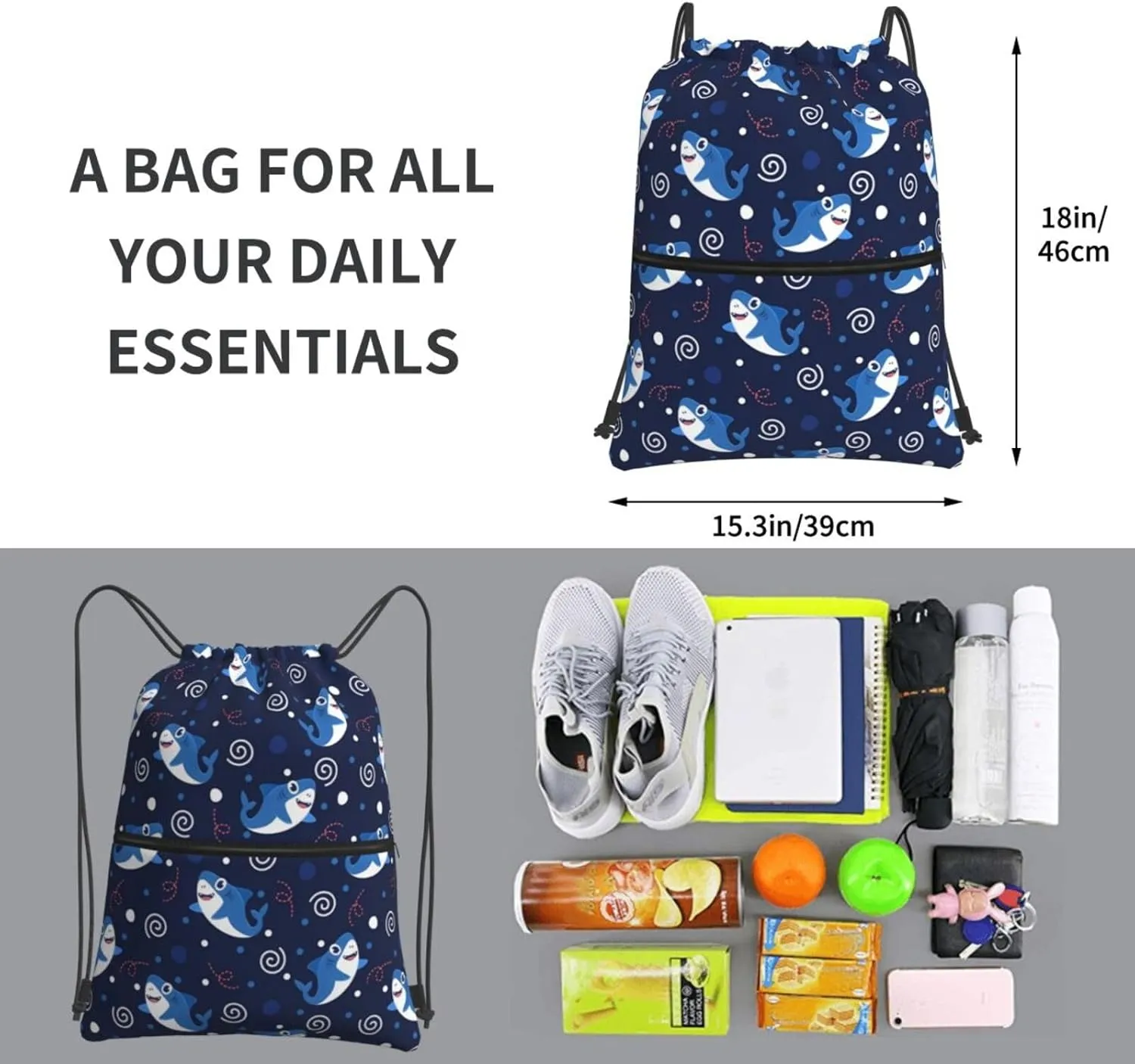Cartoon cute shark (2) Drawstring Backpack Unisex Gym Bags Sport String Bag for Hiking Yoga Travel Swimming Beach 15 X 18 Inch