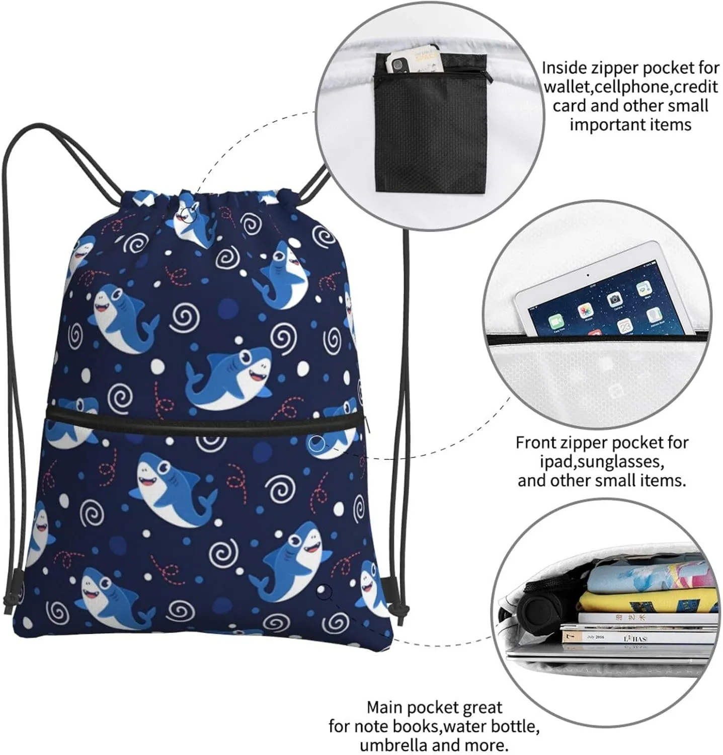 Cartoon cute shark (2) Drawstring Backpack Unisex Gym Bags Sport String Bag for Hiking Yoga Travel Swimming Beach 15 X 18 Inch