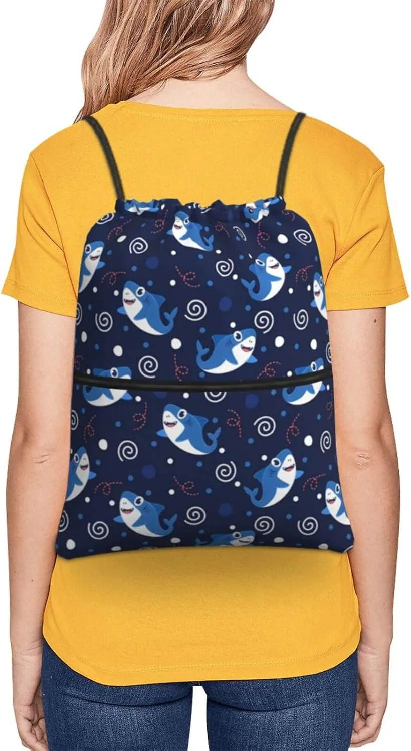 Cartoon cute shark (2) Drawstring Backpack Unisex Gym Bags Sport String Bag for Hiking Yoga Travel Swimming Beach 15 X 18 Inch