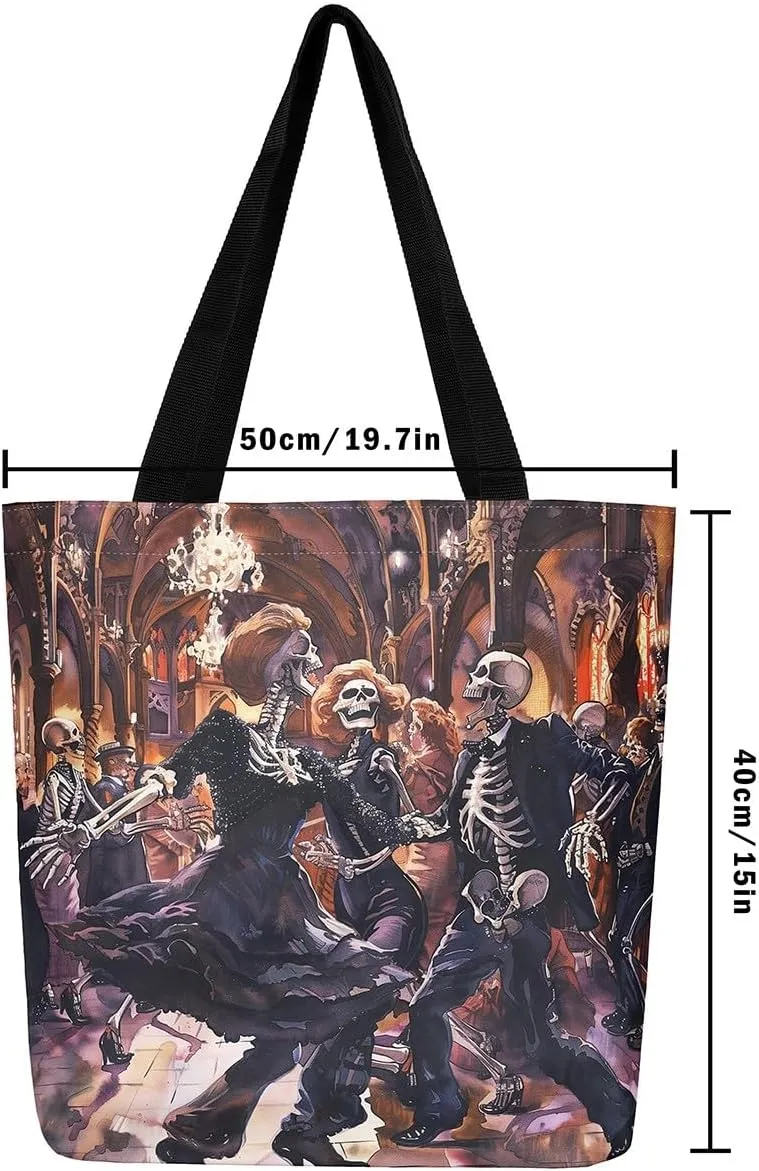 Castle Fairy Gothic Horror Skeleton Canvas Tote Bag,Halloween Travel Beach Bag,Abstract Ghost Large Capacity Gym Bag