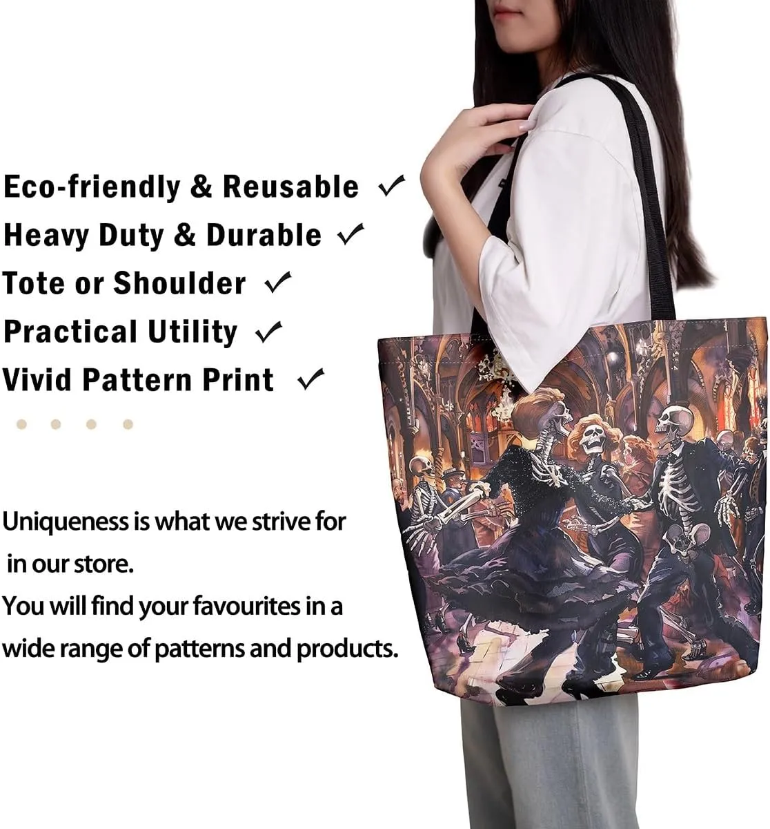 Castle Fairy Gothic Horror Skeleton Canvas Tote Bag,Halloween Travel Beach Bag,Abstract Ghost Large Capacity Gym Bag