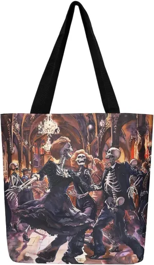 Castle Fairy Gothic Horror Skeleton Canvas Tote Bag,Halloween Travel Beach Bag,Abstract Ghost Large Capacity Gym Bag
