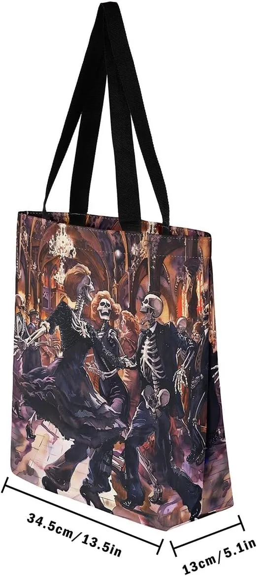 Castle Fairy Gothic Horror Skeleton Canvas Tote Bag,Halloween Travel Beach Bag,Abstract Ghost Large Capacity Gym Bag