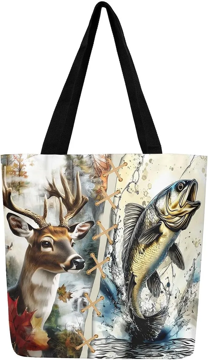 Castle Fairy Hunting Animal Theme Canvas Tote Bag,Rustic Farmhouse Large Capacity Shoulder Handbags,Shopping Grocery Bags