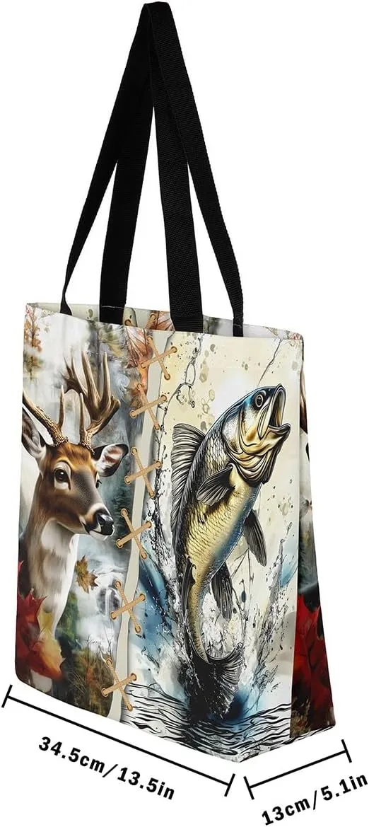 Castle Fairy Hunting Animal Theme Canvas Tote Bag,Rustic Farmhouse Large Capacity Shoulder Handbags,Shopping Grocery Bags