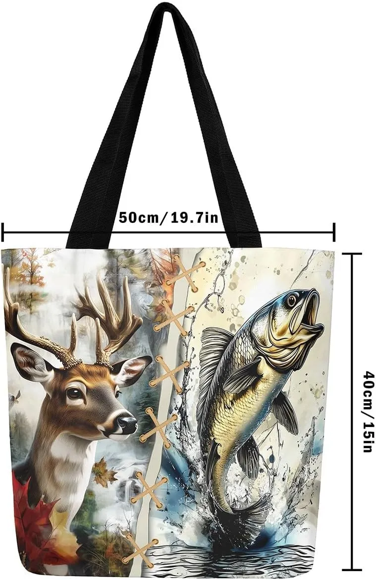 Castle Fairy Hunting Animal Theme Canvas Tote Bag,Rustic Farmhouse Large Capacity Shoulder Handbags,Shopping Grocery Bags