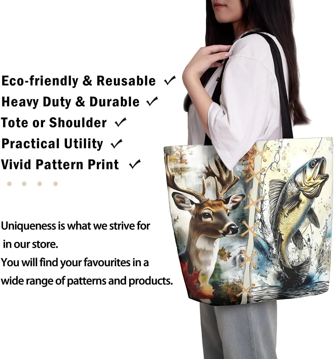 Castle Fairy Hunting Animal Theme Canvas Tote Bag,Rustic Farmhouse Large Capacity Shoulder Handbags,Shopping Grocery Bags