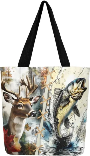 Castle Fairy Hunting Animal Theme Canvas Tote Bag,Rustic Farmhouse Large Capacity Shoulder Handbags,Shopping Grocery Bags