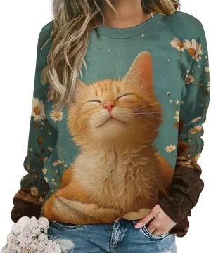 Cat Sweatshirts for Women Cute Cat Sweater Graphic Crewneck Sweatshirts Oversized Novelty Funny Sweatshirts Sweater