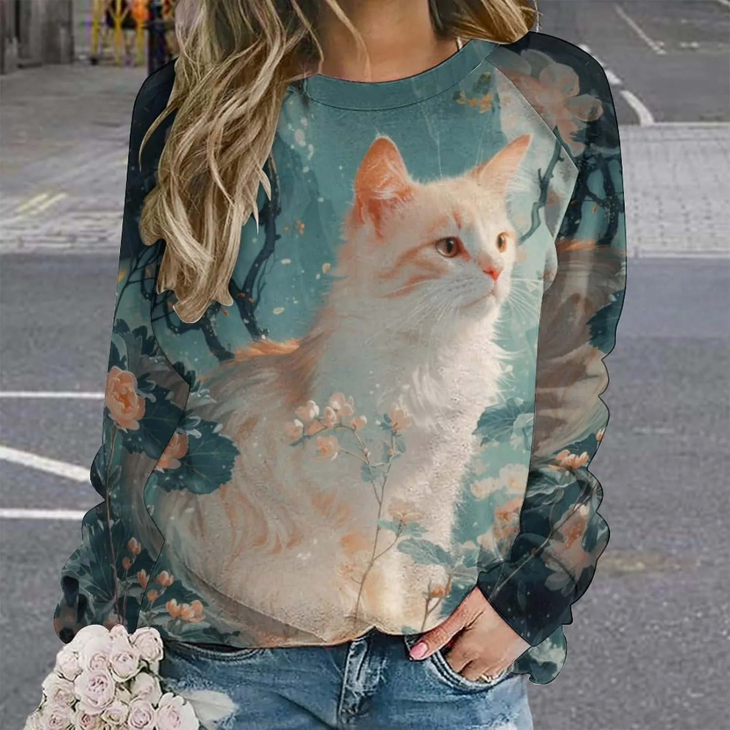 Cat Sweatshirts for Women Cute Cat Sweater Graphic Crewneck Sweatshirts Oversized Novelty Funny Sweatshirts Sweater