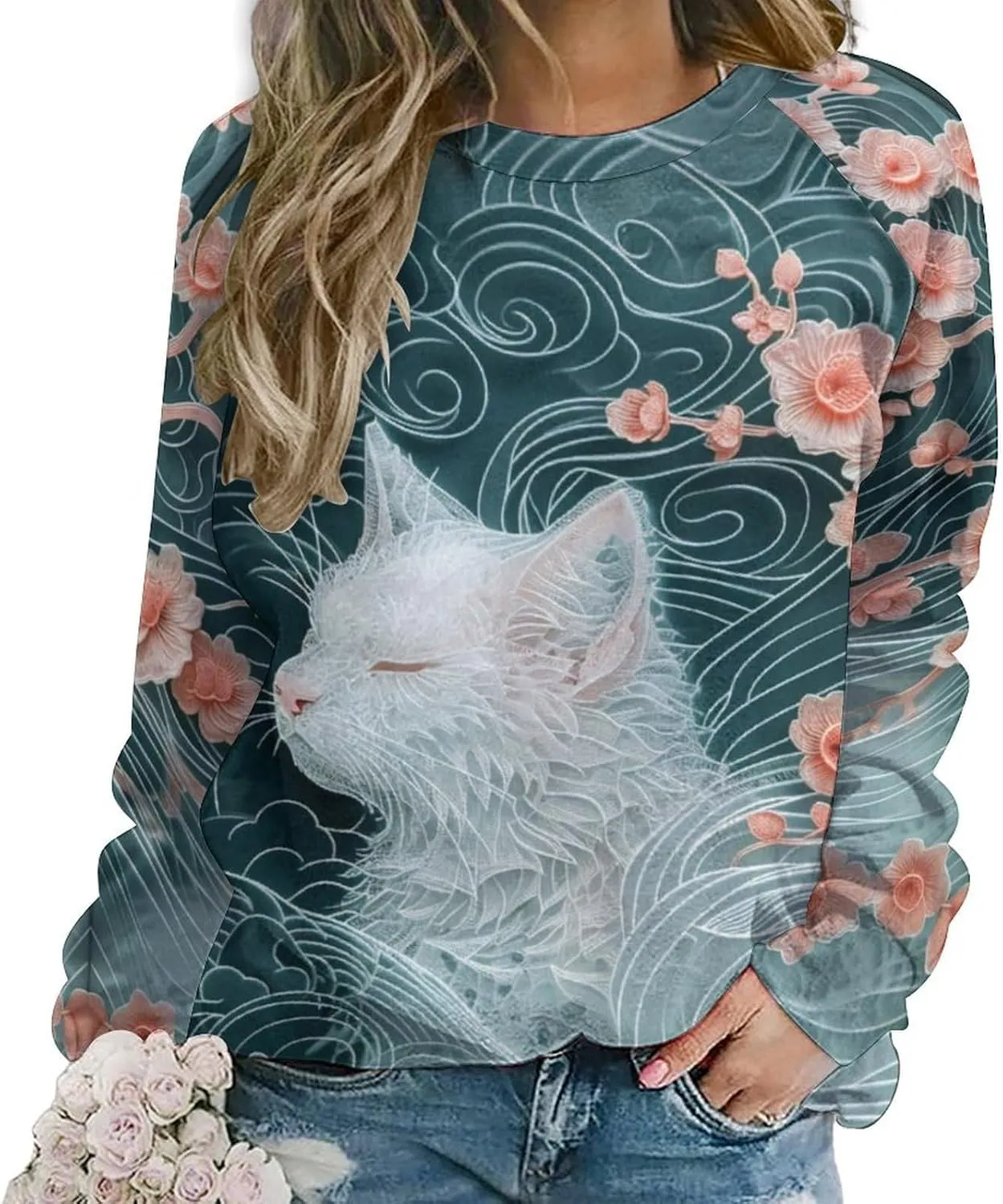 Cat Sweatshirts for Women Cute Cat Sweater Graphic Crewneck Sweatshirts Oversized Novelty Funny Sweatshirts Sweater