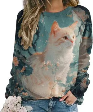 Cat Sweatshirts for Women Cute Cat Sweater Graphic Crewneck Sweatshirts Oversized Novelty Funny Sweatshirts Sweater