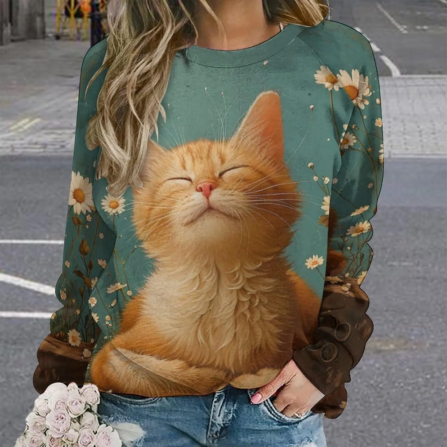 Cat Sweatshirts for Women Cute Cat Sweater Graphic Crewneck Sweatshirts Oversized Novelty Funny Sweatshirts Sweater