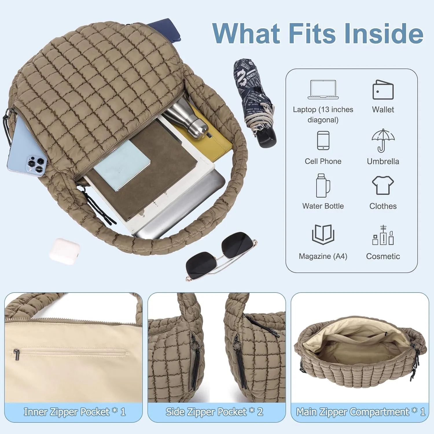 CATMICOO Puffer Tote Bag for Women: Carryall Puff Shoulder Bag for Travel - Lightweight Quilted Bag for Gym