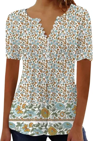 Ceboyel Loose Fitting Tops for Women 2023 Button Down Henley Blouse Floral Short Sleeve Tunic Shirt Dressy Ladies Clothing