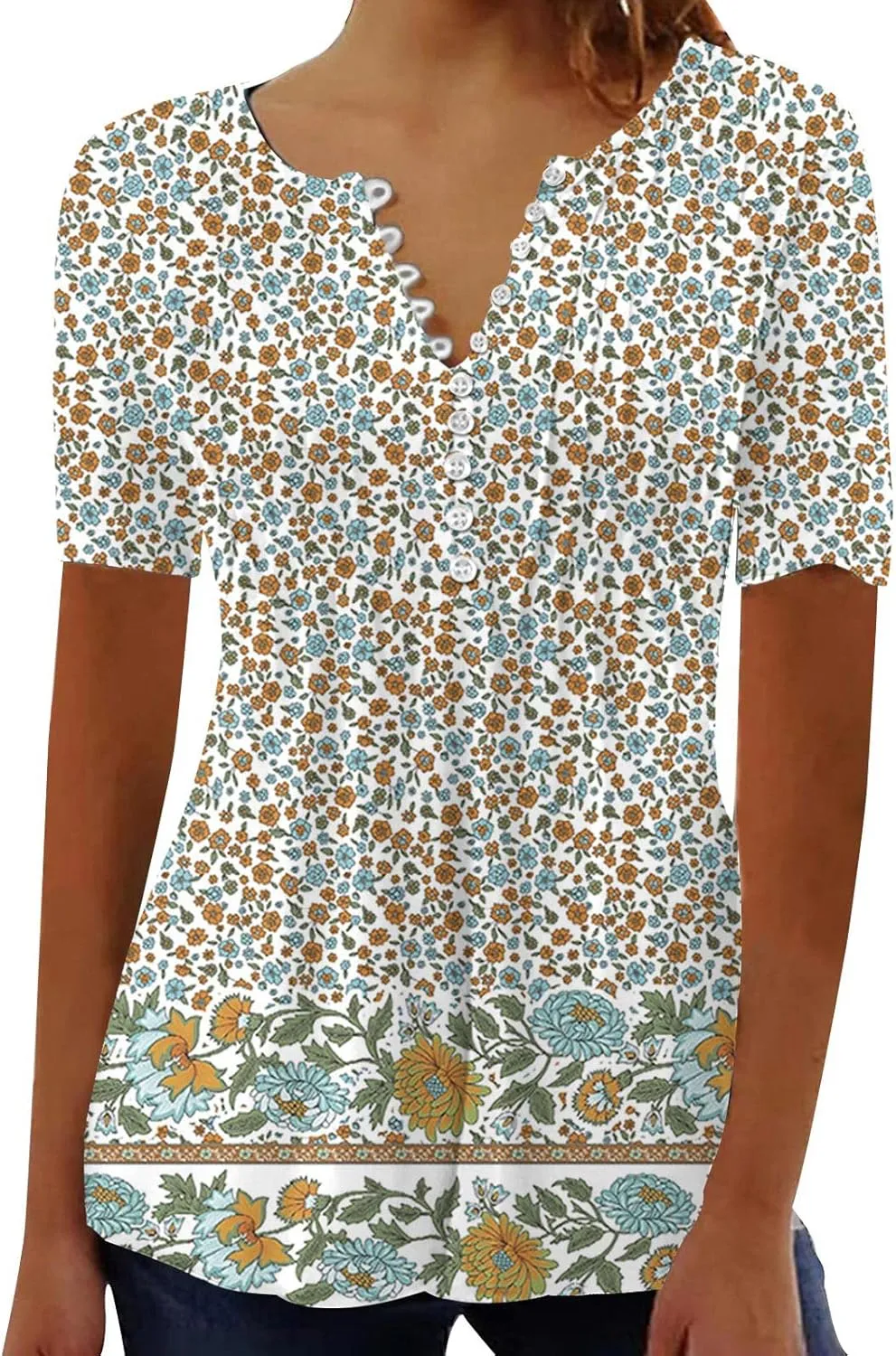 Ceboyel Loose Fitting Tops for Women 2023 Button Down Henley Blouse Floral Short Sleeve Tunic Shirt Dressy Ladies Clothing