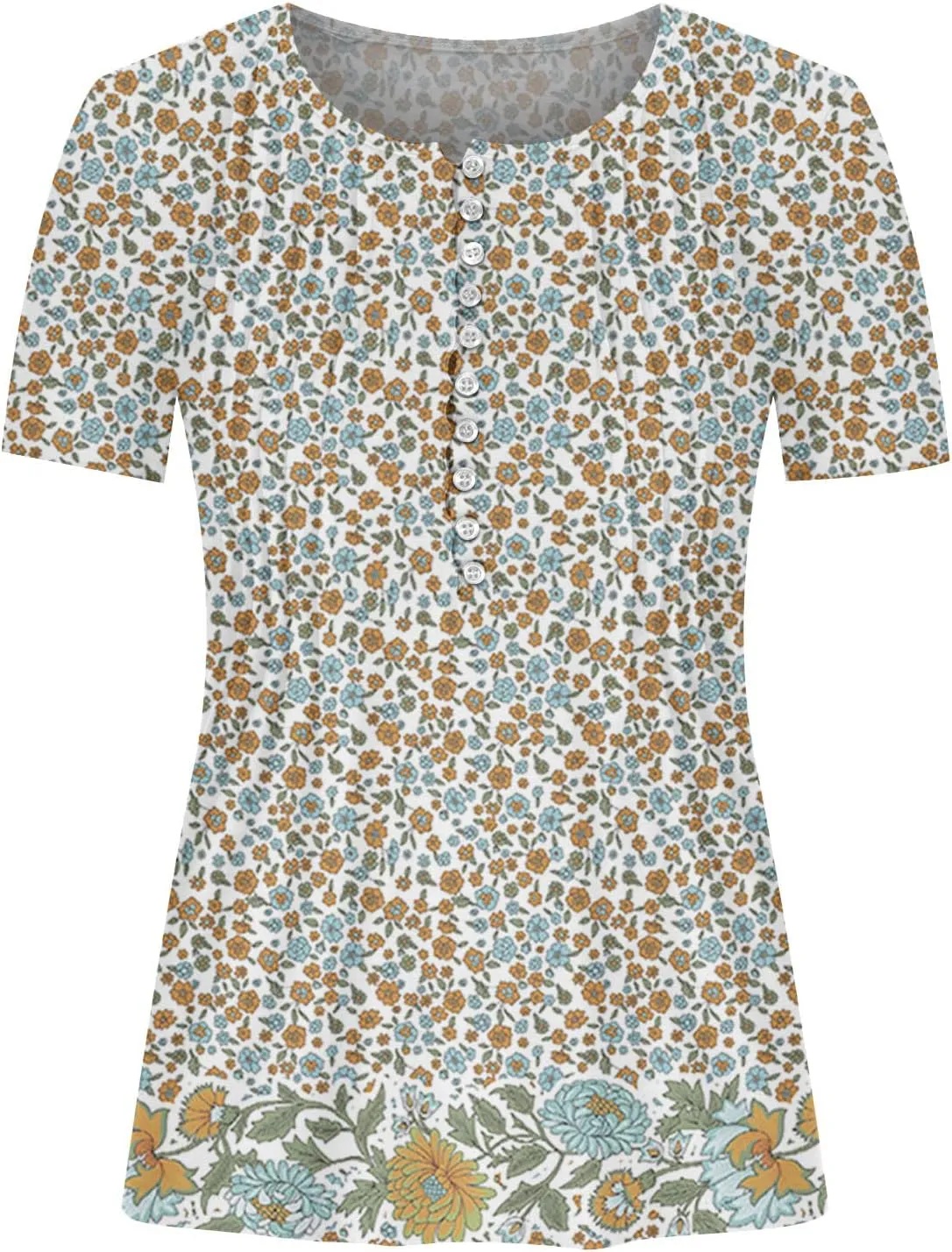Ceboyel Loose Fitting Tops for Women 2023 Button Down Henley Blouse Floral Short Sleeve Tunic Shirt Dressy Ladies Clothing