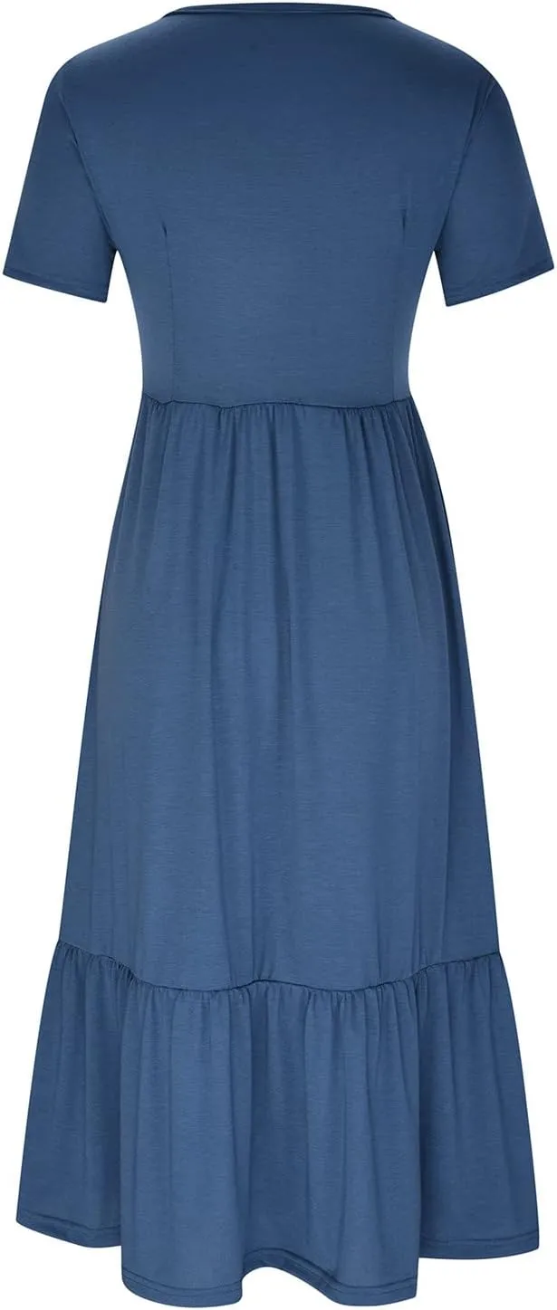 Ceboyel Women's Short Sleeve Ruffle Midi Dress Tiered Trendy Casual Dresses Swing Plain T Shirt Dress Spring Outfits 2023