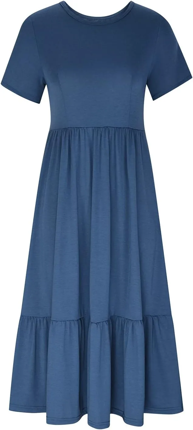 Ceboyel Women's Short Sleeve Ruffle Midi Dress Tiered Trendy Casual Dresses Swing Plain T Shirt Dress Spring Outfits 2023