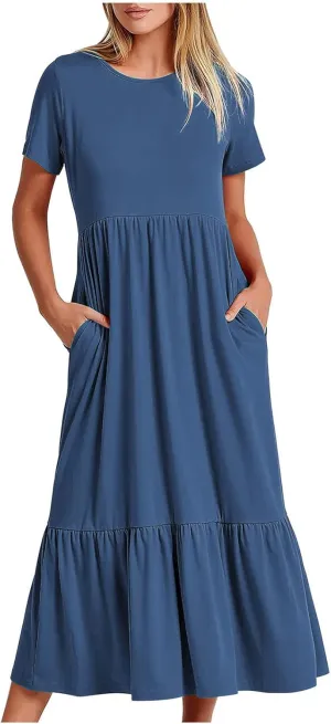Ceboyel Women's Short Sleeve Ruffle Midi Dress Tiered Trendy Casual Dresses Swing Plain T Shirt Dress Spring Outfits 2023