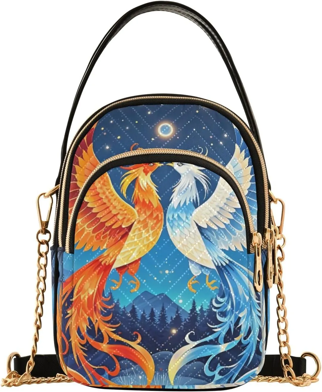 Celestial Phoenixes Night Small Crossbody Bags for Women Quilted Handbags Shoulder Purse Phone Wallet Chain Bag