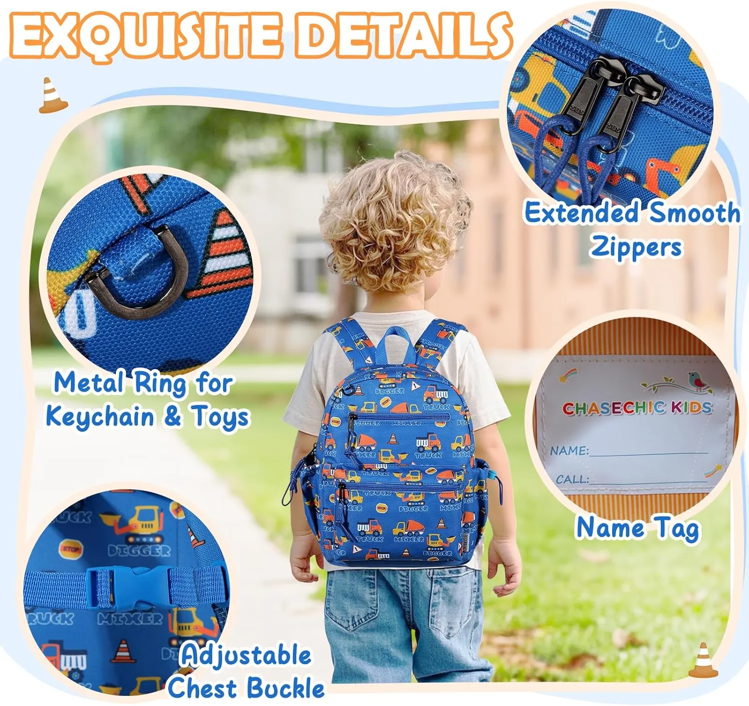 Chase Chic Toddler Backpacks for Boys, 12 Inch Preschool Kindergarten Backpack for Kids 2-5,Mini Cute Toddler Bag with Chest Strap for Daycare Travel（Blue Digger）