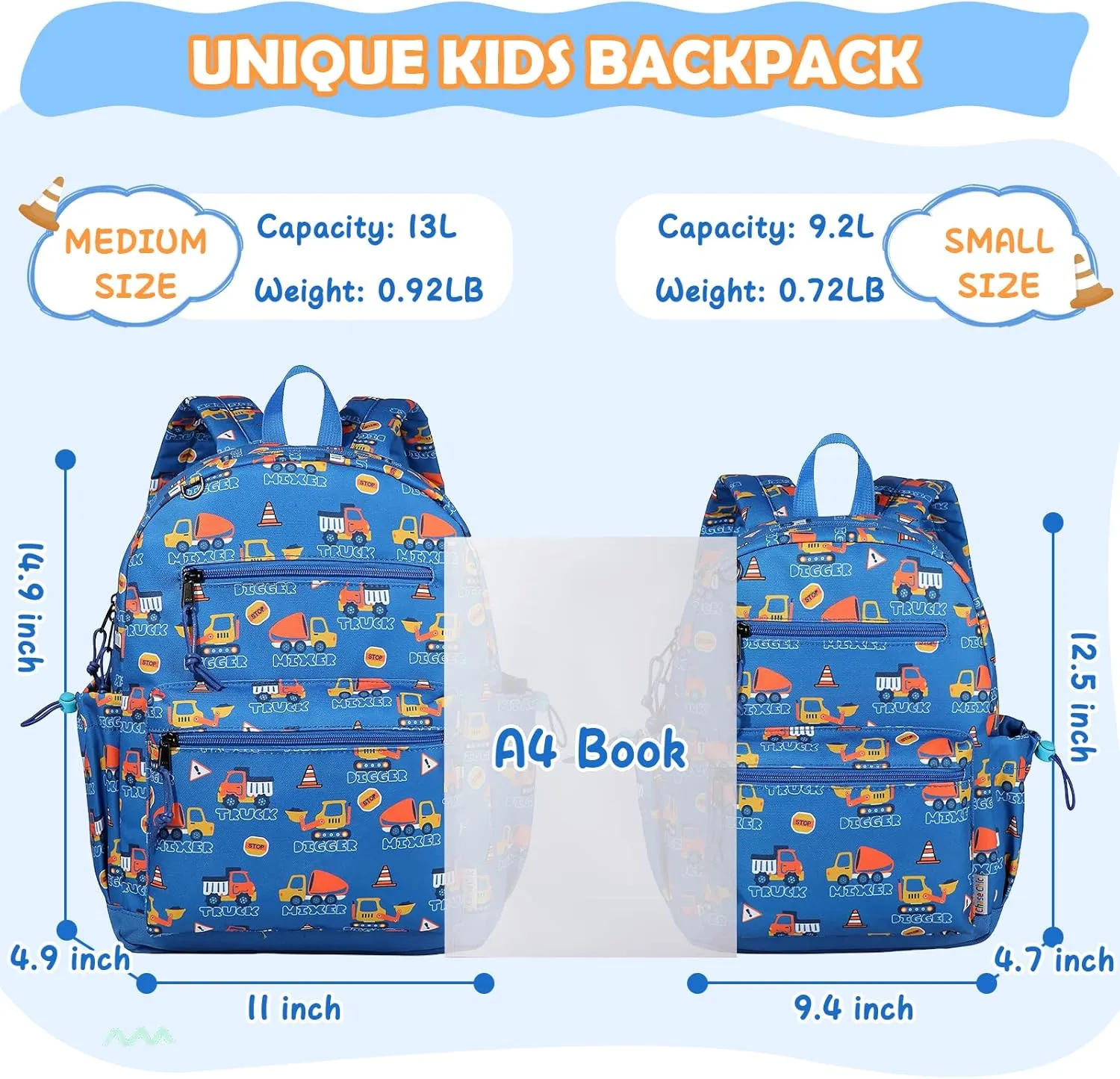 Chase Chic Toddler Backpacks for Boys, 12 Inch Preschool Kindergarten Backpack for Kids 2-5,Mini Cute Toddler Bag with Chest Strap for Daycare Travel（Blue Digger）